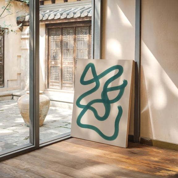 Velto Teal Line Abstract Canvas, Curved Brushstroke Wall Art, Neutral Bedroom Decor, SIZE 8x10 INCLUDE Pine Wood Frame 1.25-Inch