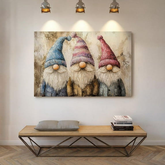 Velto Textured Gnome Trio Canvas – Rustic Holiday Decor with Colorful Hats for Cozy Nordic Style Spaces, SIZE 8x10 INCLUDE Pine Wood Frame 1.25-Inch