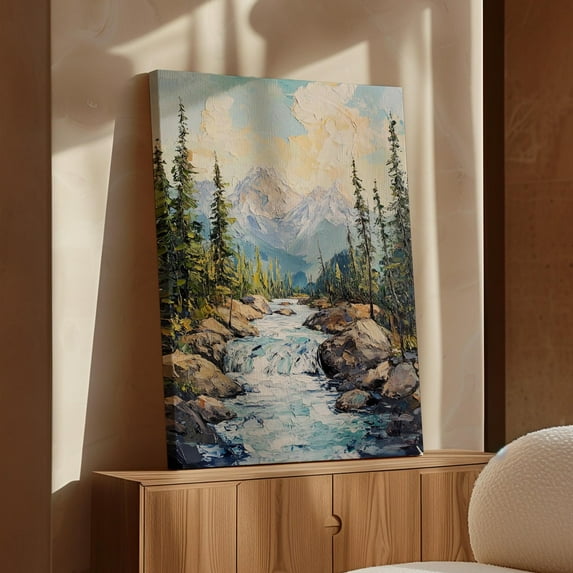 Velto Textured Mountain River Canvas Impasto Landscape Alpine Forest Rustic Cabin Decor Scenic Waterfall Nature Art, SIZE 8x10 INCLUDE Pine Wood Frame 1.25-Inch
