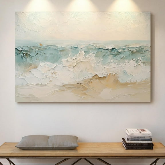 Velto Textured Ocean Waves Canvas Art - Coastal Beach Abstract, Serene Seascape Wall Decor for Nautical or Modern Interiors, SIZE 8x10 INCLUDE Pine Wood Frame 1.25-Inch