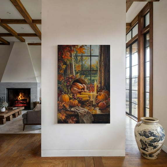 Velto Thanksgiving Harvest Canvas Rustic Fall Table Scene with Pumpkins Corn and Seasonal Accents, SIZE 8x12 INCLUDE Pine Wood Frame 1.25-Inch