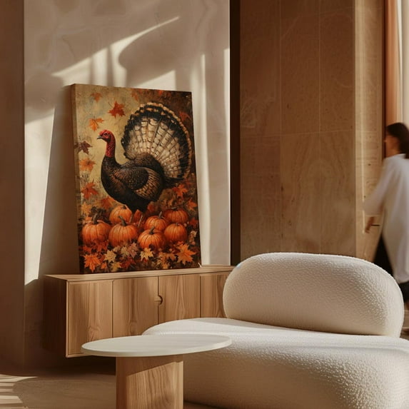 Velto Thanksgiving Turkey Canvas Autumn Pumpkins and Leaves Rustic Farmhouse Seasonal Wall Accent, SIZE 8x10 INCLUDE Pine Wood Frame 1.25-Inch