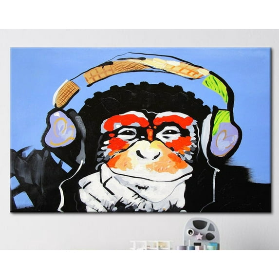 Velto Thinking Monkey, Headphones Chimp Canvas, Animal Art, Music Artwork, Graffiti Monkey Canvas, Monkey Art Canvas, 8x10 0.75-Inch Pine Wood Frame