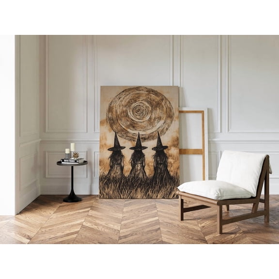 Velto Three Witches Spiral Moon Canvas Art, Gothic Witch Wall Decor, Pagan Aesthetic, SIZE 8x12 INCLUDE Pine Wood Frame 1.25-Inch