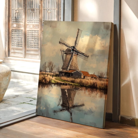 Velto Tranquil Dutch Windmill Landscape, Rustic Charm, Reflections on Water, SIZE 12x18 INCLUDE Pine Wood Frame 1.25-Inch
