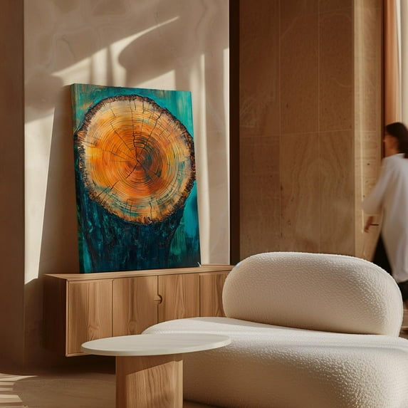 Velto Tree Ring Canvas Art Teal and Orange Modern Abstract Wood Grain Bold Nature Inspired Living Room or Office Wall Decor, SIZE 16x24 INCLUDE Pine Wood Frame 1.25-Inch