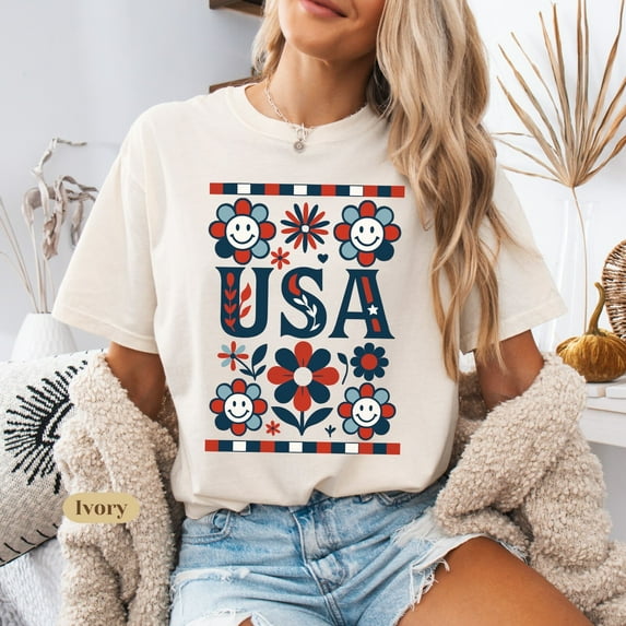 Velto Trendy Patriotic USA Floral 4th July Red White Women's T-Shirt All Size S-5XL