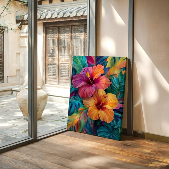 Velto Tropical Hibiscus Canvas Vibrant Floral, Colorful Jungle Leaves, Hawaiian Island Flower, Boho Botanical Canvas, 12x16 0.75-Inch Pine Wood Frame