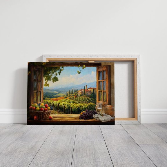Velto Tuscany Vineyard Window View Canvas Wall Art - Rustic Italian Countryside - Warm Kitchen & Dining Room Decor, SIZE 8x12 INCLUDE Pine Wood Frame 0.75-Inch