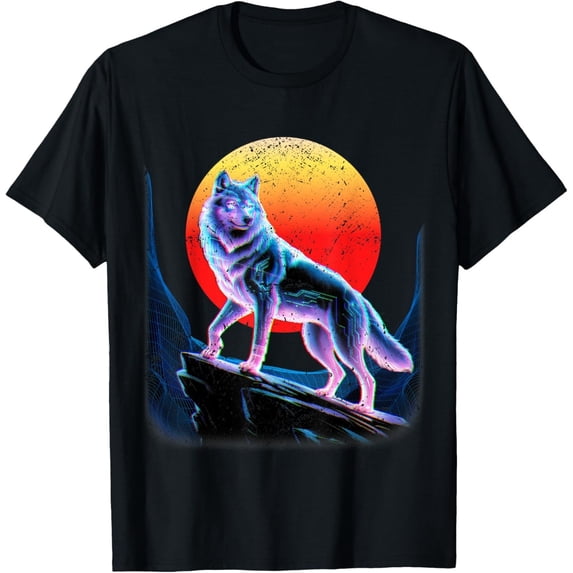 Velto Vaporwave Wolf Standing Strong in Glitchy Sunset Canyon T-Shirt All Size S-5XL