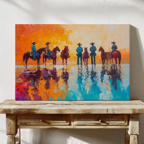 Velto Vibrant Cowboy Reflection Canvas Art - Western Sunset Riders Wall Decor, Colorful Rustic Farmhouse Ranch Home, SIZE 8x12 INCLUDE Pine Wood Frame 1.25-Inch
