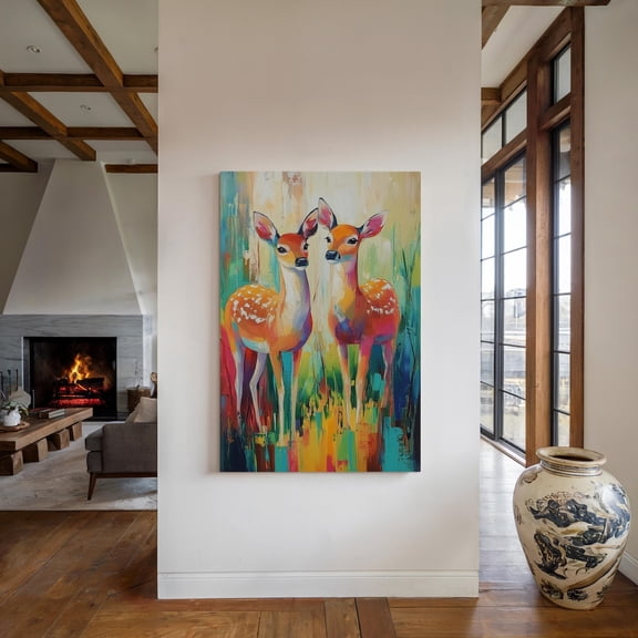 Velto Vibrant Deer Duo Abstract Canvas Art - Colorful Wildlife for Modern Home Decor, SIZE 8x10 INCLUDE Pine Wood Frame 1.25-Inch