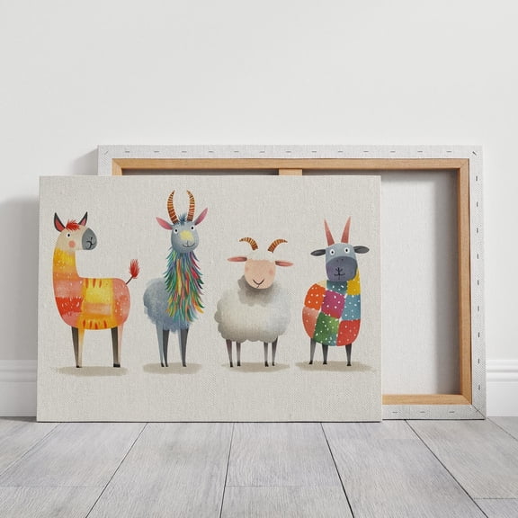 Velto Vibrant Farm Animal Canvas Art - Llama, Goat, Sheep in Whimsical Colors, Fun Kids Room Decor, Boho Farm Animal Wall Art, SIZE 8x10 INCLUDE Pine Wood Frame 1.25-Inch