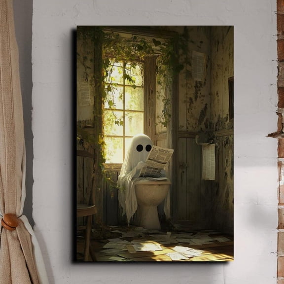 Velto Victorian Bathroom Ghost Canvas Art Gothic Seasonal Illustration Whimsical Vintage Spooky Inspired Wall Decor, SIZE 16x24 INCLUDE Pine Wood Frame 1.25-Inch