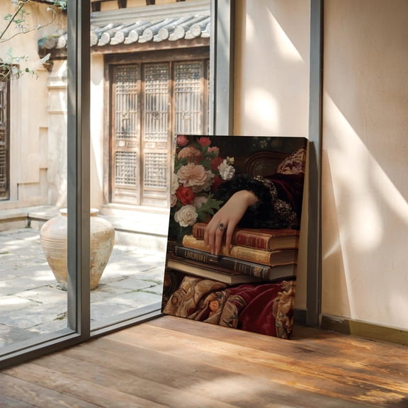 Velto Victorian Canvas Wall Art Feminine Vintage Hand with Books Classical Portrait Inspired Decorative Artwork, SIZE 16x24 INCLUDE Pine Wood Frame 1.25-Inch