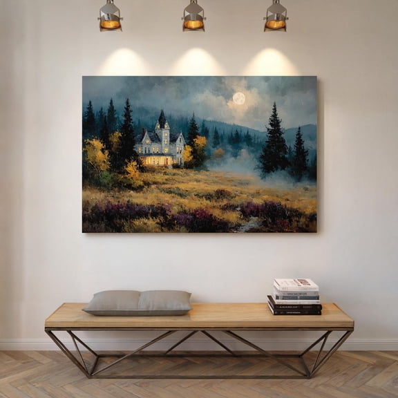 Velto Victorian House Under Full Moon | Haunted Autumn Landscape Art Canvas, 12x16 0.75-Inch Pine Wood Frame