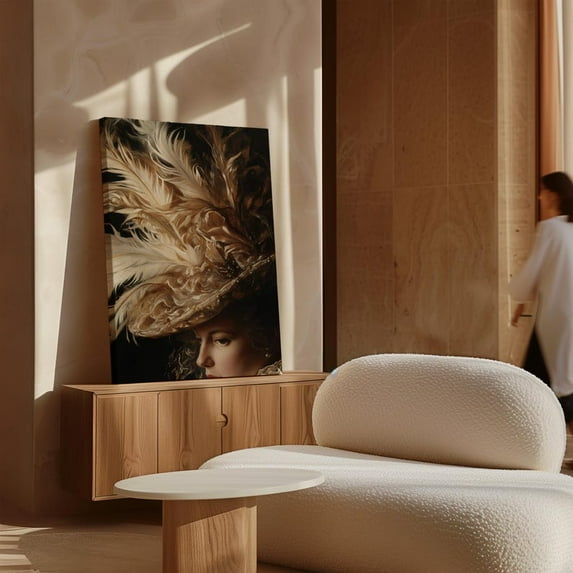 Velto Victorian Lady Canvas Art - Vintage Feathered Hat Portrait, Elegant Style Wall Decor, Antique Aesthetic, SIZE 8x12 INCLUDE Pine Wood Frame 1.25-Inch