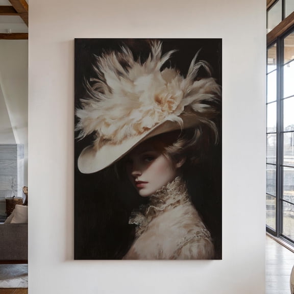 Velto Victorian Lady Canvas – Elegant Feathered Hat Portrait in Vintage Style for Antique Home Decor, SIZE 8x12 INCLUDE Pine Wood Frame 0.75-Inch
