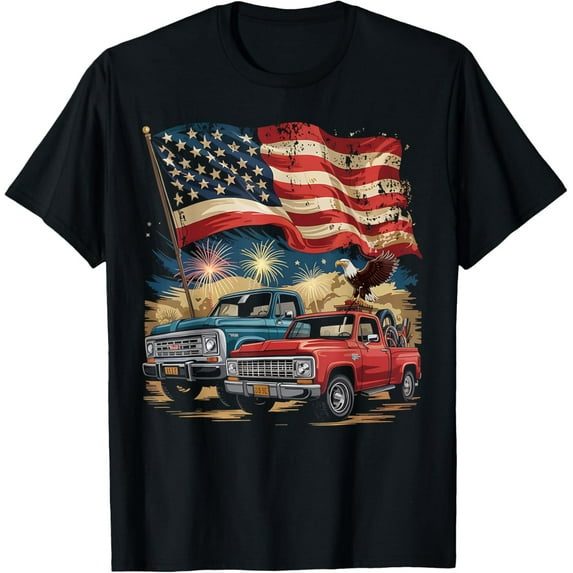 Velto Vintage American Trucks Patriotic USA Flag Fireworks Eagle T-Shirt All Size S-5XL