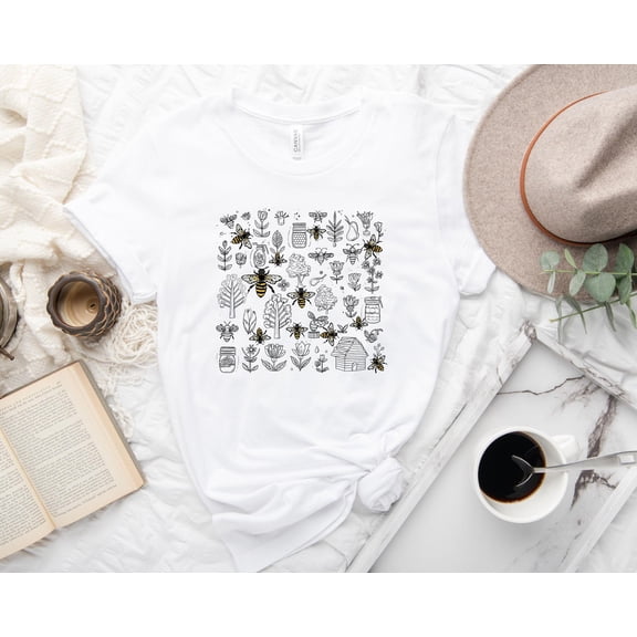 Velto Vintage Bee Botanical T-Shirt, Honeycomb Doodle Shirt, Unique Honey Bees Shirt, Bee Lovers Tee, T-Shirts, Bumblebees Shirt All Size S-5XL