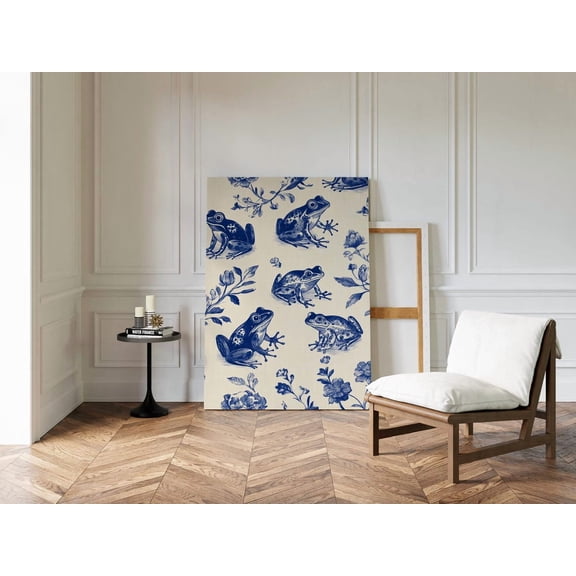 Velto Vintage Blue Frog Toile Style Canvas, Floral Amphibian for Cottagecore Decor, SIZE 8x10 INCLUDE Pine Wood Frame 1.25-Inch