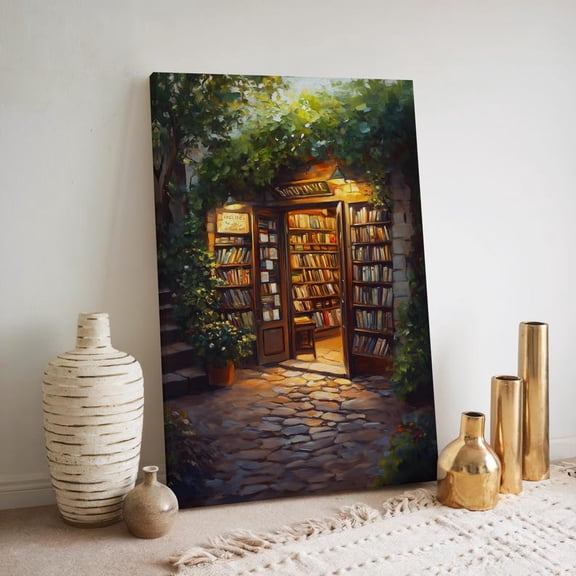 Velto Vintage Bookstore Canvas Wall Art Cozy Library Illustration Literary Garden Bookshop Inspired Decoration, SIZE 8x12 INCLUDE Pine Wood Frame 1.25-Inch