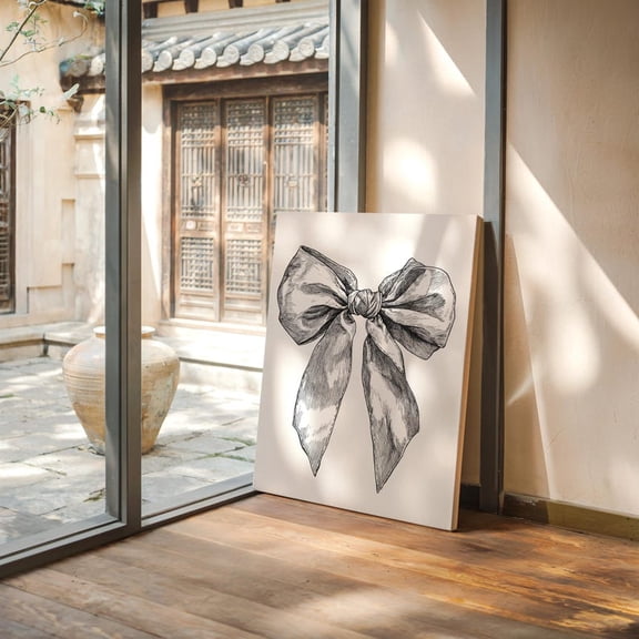 Velto Vintage Bow Canvas Art - Black and White Ribbon Drawing, Elegant Minimalist Art, SIZE 8x12 INCLUDE Pine Wood Frame 1.25-Inch