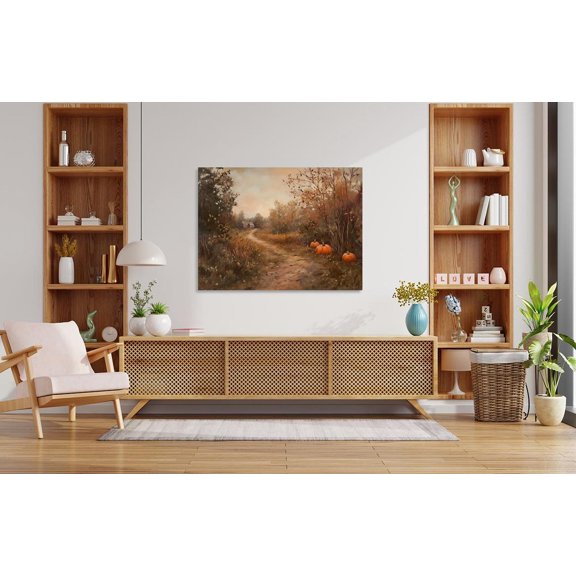Velto Vintage Countryside Pumpkin Path, Seasonal Fall Artwork, Autumn Trees Scenery, Costume Party Wall Decor Canvas, 8x12 UNFRAMED