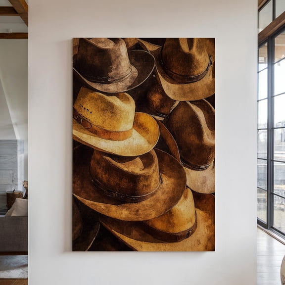 Velto Vintage Cowboy Hats Canvas Art - Rustic Western Decor, Old West Hat Collection for Southwestern Wall Art, SIZE 8x10 INCLUDE Pine Wood Frame 1.25-Inch