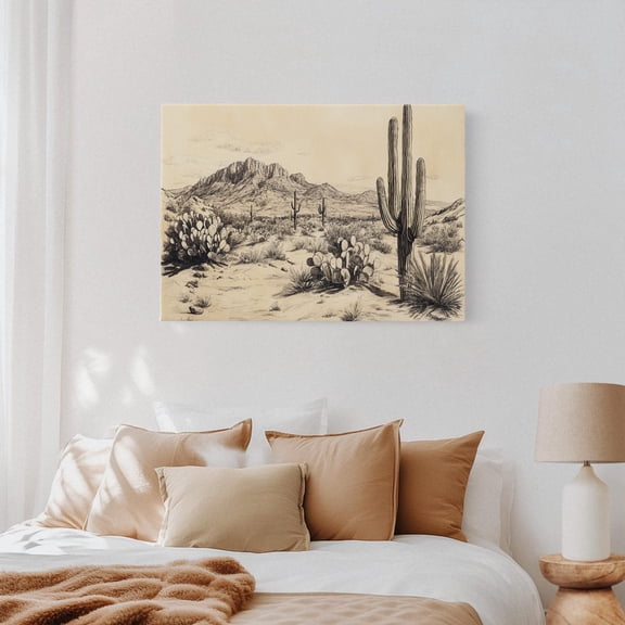 Velto Vintage Desert Landscape Drawing – Saguaro Cactus And Mountain Range Sketch In Western Rustic Style For Southwest Wall Art Decor Canvas, 8x10 UNFRAMED