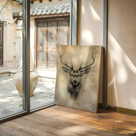 Velto Vintage Elk Head Sketch Canvas, Rustic Lodge Deer Art, Neutral Wildlife and Cabin Decor, SIZE 8x10 INCLUDE Pine Wood Frame 1.25-Inch