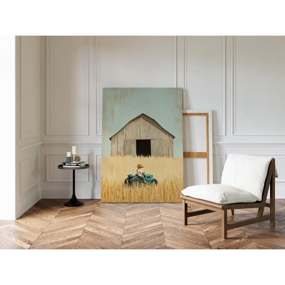 Velto Vintage Farm Boy on Tractor Canvas Wall Art | Rustic Barn Field Nursery | Country Kids Room Decor | Farmhouse Wheat Field canvas, SIZE 8x10 INCLUDE Pine Wood Frame 0.75-Inch