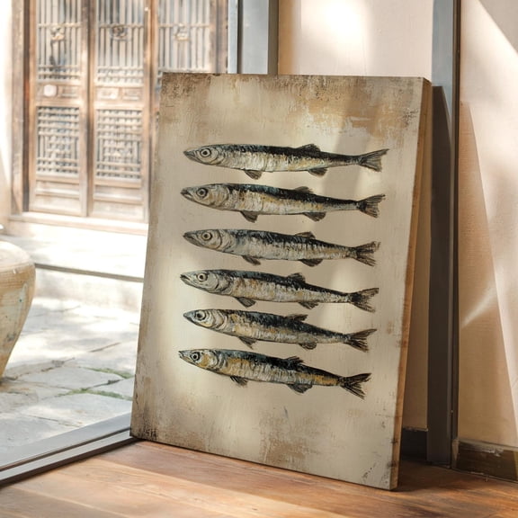 Velto Vintage Fish Canvas, Rustic Coastal Wall Art, Nautical Kitchen Farmhouse Decor, SIZE 12x16 INCLUDE Pine Wood Frame 1.25-Inch