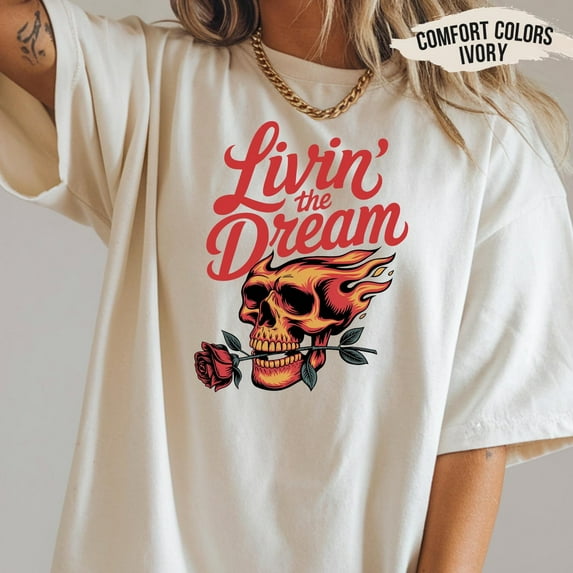 Velto Vintage Flaming Skull T-Shirt Livin the Dream Unisex Sweatshirt All Size S-5XL