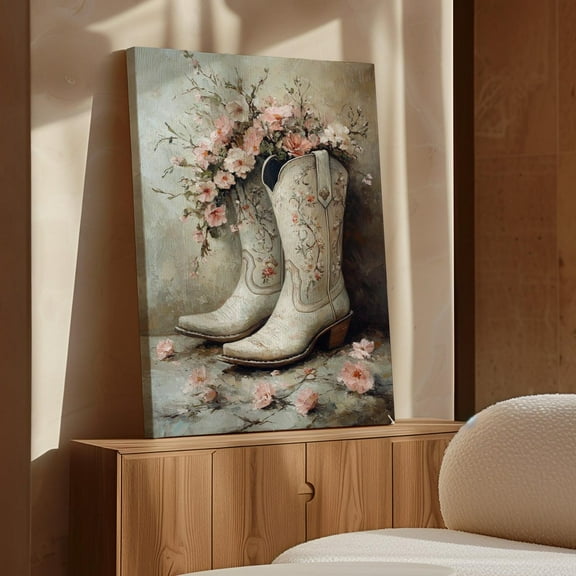 Velto Vintage Floral Cowboy Boots Canvas Art, Shabby Chic Western Decor, Rustic Farmhouse Wall, Cottagecore Aesthetic Canvas, 8x10 UNFRAMED