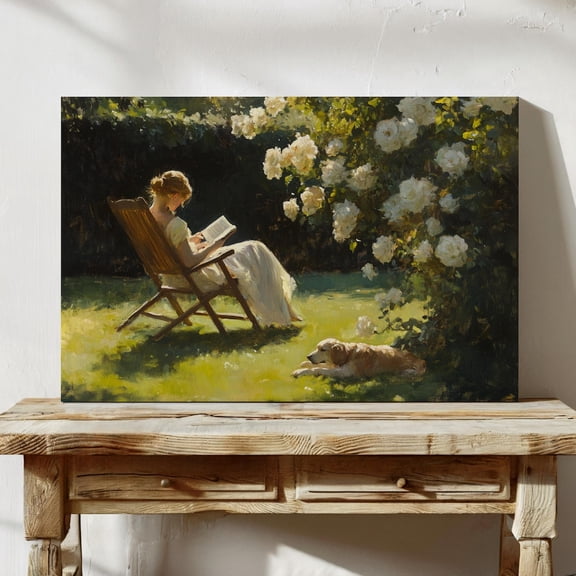 Velto Vintage Garden Reading Canvas – Cottagecore Romantic Floral with Woman and Book in Sunlit Style, SIZE 8x10 INCLUDE Pine Wood Frame 0.75-Inch