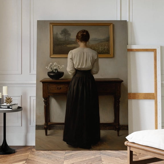 Velto Vintage Girl Canvas Wall Art – Classical Style Woman In Skirt Looking At, Romantic Old-World Aesthetic For Home Decor Canvas, 12x16 0.75-Inch Pine Wood Frame