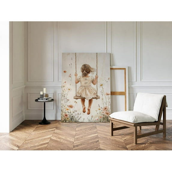 Velto Vintage Girl on Swing Canvas Wall Art | Floral Wildflower Field Nursery | Whimsical Back View canvas for Kids Room or Baby Girl Decor, SIZE 12x18 INCLUDE Pine Wood Frame 1.25-Inch