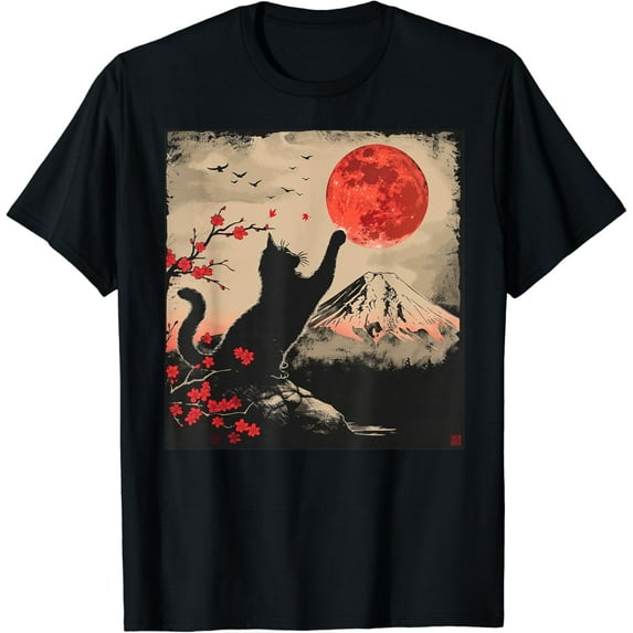 Velto Vintage Japan Art Japanese Theme Retro Print Black Cat T-Shirt All Size S-5XL