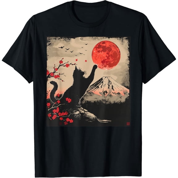 Velto Vintage Japan Art Japanese Theme Retro Print Black Cat T-Shirt All Size S-5XL