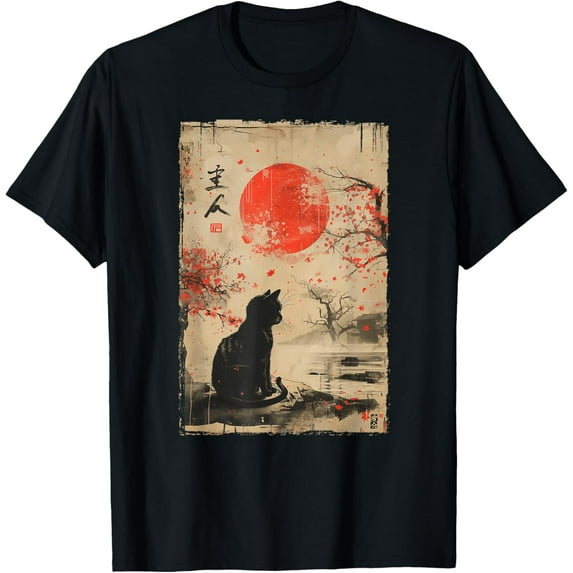 Velto Vintage Japanese art - Kawaii Retro Japanese Black Cat T-Shirt All Size S-5XL