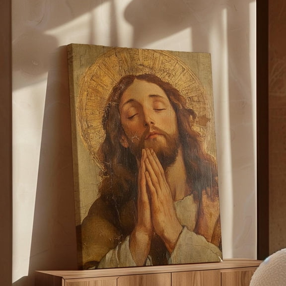Velto Vintage Jesus Praying Portrait Canvas - Religious Wall Art With Golden Halo - Faith-Based Home Decor, Christian Spiritual Artwork Canvas, 12x18 UNFRAMED