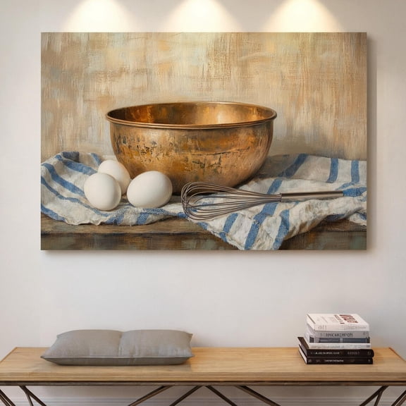 Velto Vintage Kitchen Canvas Art - Rustic Baking Wall Decor, Antique Copper Bowl, French Country Farmhouse Art, SIZE 8x10 INCLUDE Pine Wood Frame 1.25-Inch