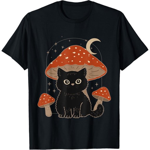 Velto Vintage Mushroom Black-Cat Cottagecore Aesthetic Women Girls T-Shirt All Size S-5XL