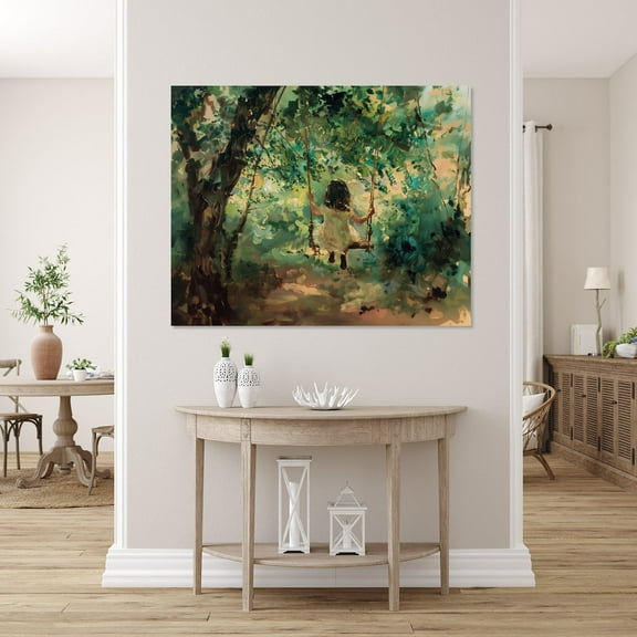 Velto Vintage Portrait Child On Wooden Tree Swing, Vintage Wall Decor, Bedroom, Foyer Art, Serene Landscape Canvas, 12x16 0.75-Inch Pine Wood Frame