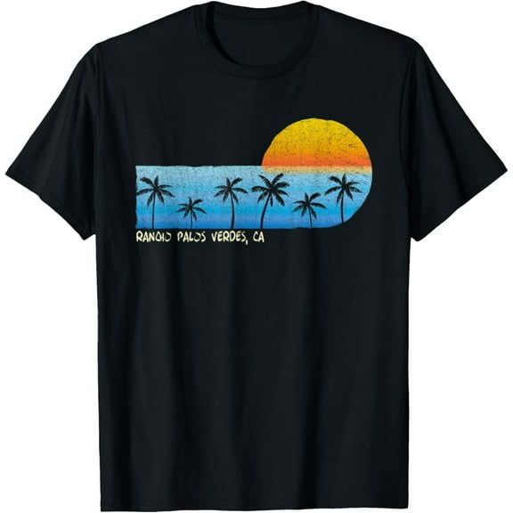 Velto Vintage Rancho Palos Verdes, CA Palm Trees & Sunset Beach T-Shirt All Size S-5XL
