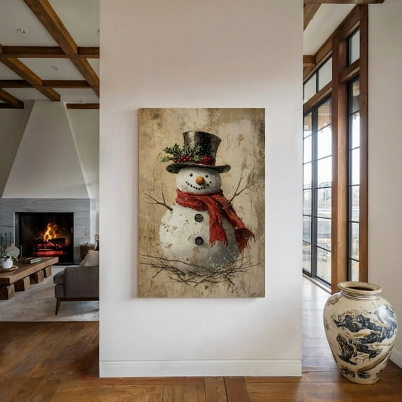 Velto Vintage Snowman Farmhouse Mantle Canvas Farmhouse Holiday Canvas Wall Art Decor for Holiday Season, SIZE 16x24 INCLUDE Pine Wood Frame 1.25-Inch