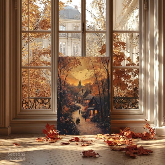 Velto Vintage Winter Village Wall Art, Autumn Twilight Witch Town Scene For Cozy Cottagecore Decor Canvas, 8x12 UNFRAMED