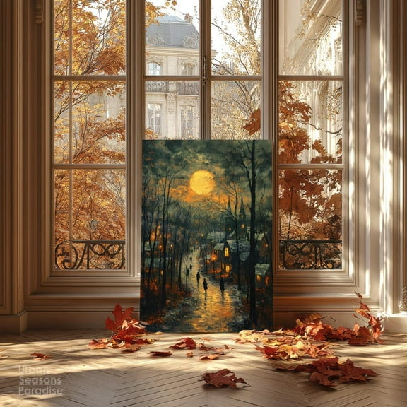 Velto Vintage Winter Village Wall Art, Full Moon Spooky Street Scene For Gothic Cottagecore Decor Canvas, 8x10 UNFRAMED