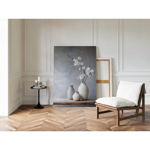 Velto Wabi-Sabi Cherry Blossom Canvas - Minimalist Japanese Still Life Art - Neutral Pottery Wall Decor for Serene Interiors, SIZE 16x24 INCLUDE Pine Wood Frame 1.25-Inch